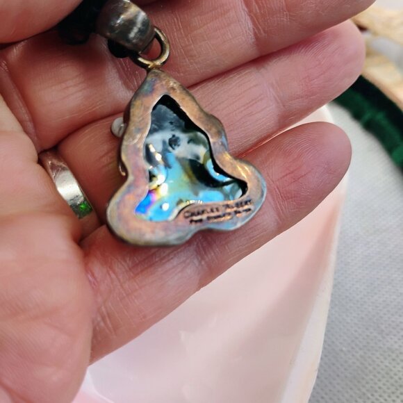 Charles Albert Green Dichroic Art Glass Frog Pendant in Sterling Silver 1 3/4" - Picture 6 of 8